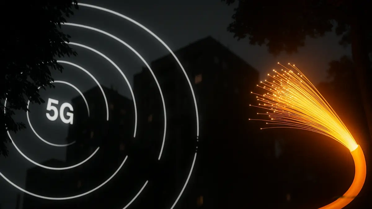 Abstraktes 5G-Symbol auf dunklem Hintergrund.